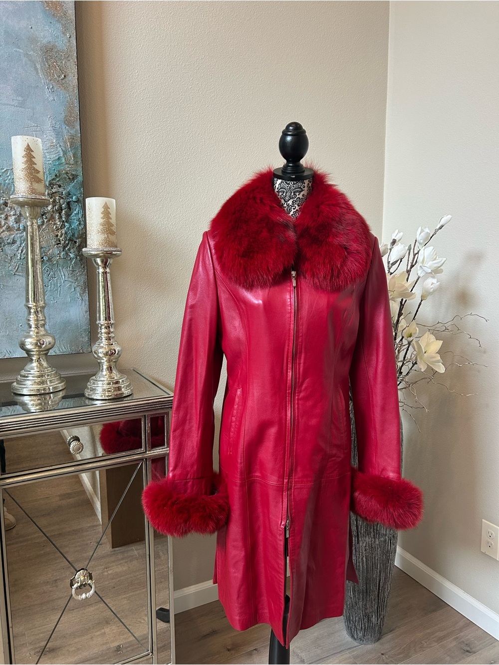 Women's Red Leather Coat with Fur Trim